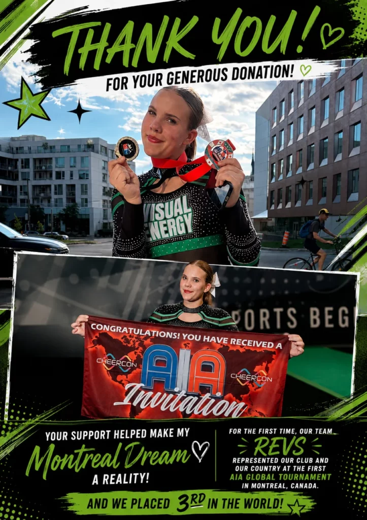 Madi Benfell with her medals and the AIA Invitation banner, in a thank-you card to Stott Engineering and Fluid Film Australia